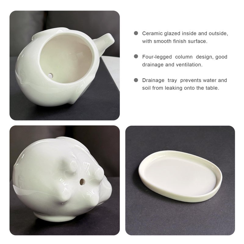 GeLive White Elephant Succulent Planter Ceramic Plant Pot Window Box with Saucer Animal Indoor Tabletop Decor Fun Gift 5 Inch (Mom Elephant) - Image 2